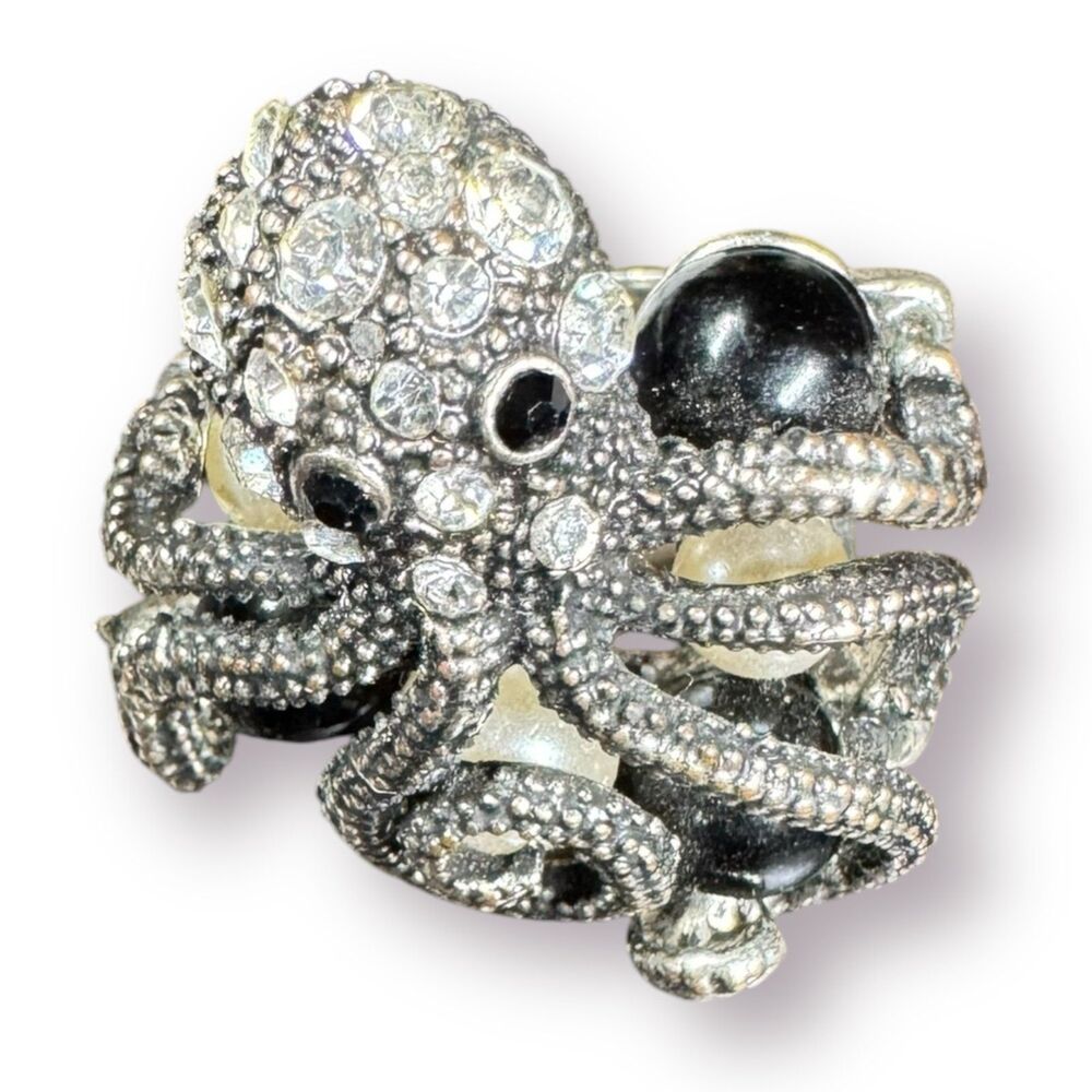 Silver Octopus Multi Color Pearl Ring Vintage Size 17 Retro Rhinestone Gothcore‎ - Picture 2 of 8